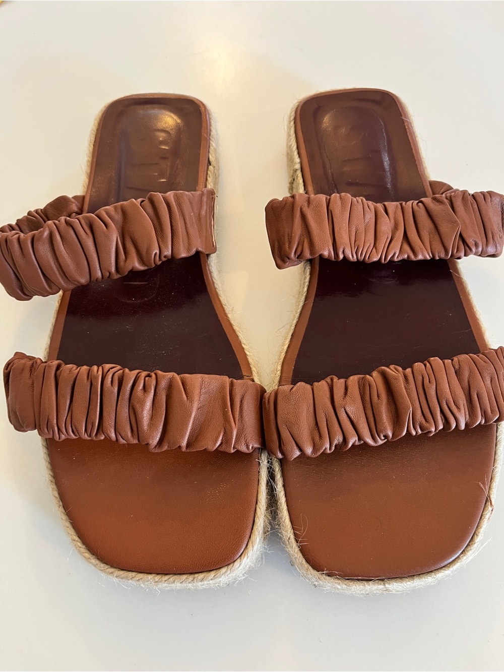 STAUD Maya Brown Ruched Double-Strap Espadrille Slides